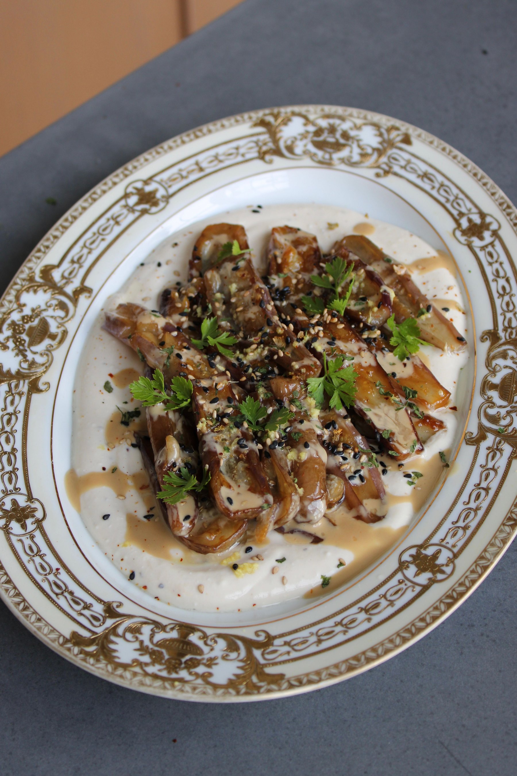 Miso-Caramelized Mini Eggplant with Tahini Yogurt & Fresh Herbs